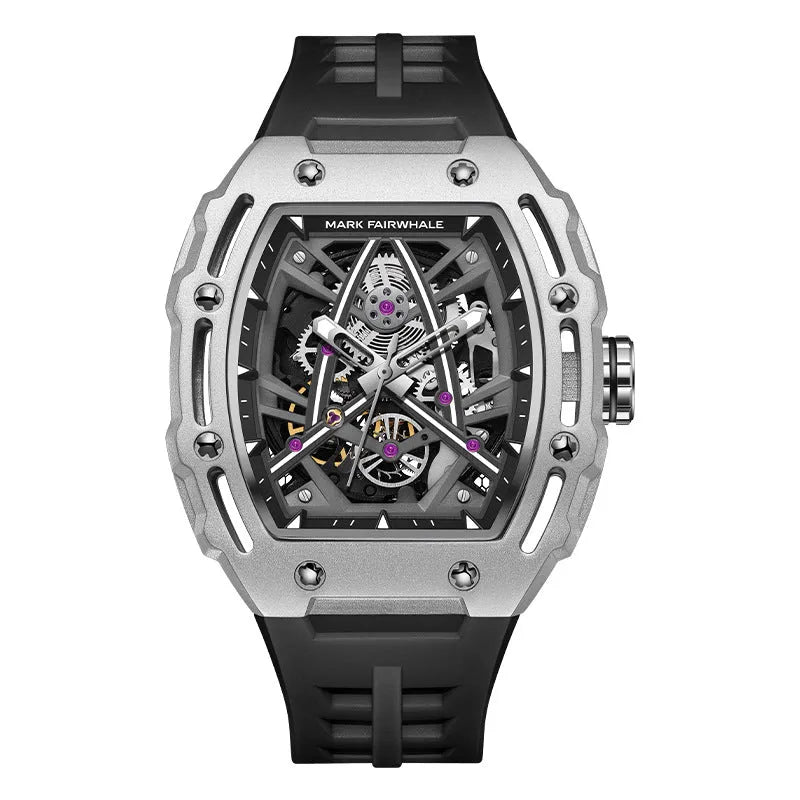 Men's barrel-shaped hollow automatic mechanical watch with black silicone strap and metal case, 44mm