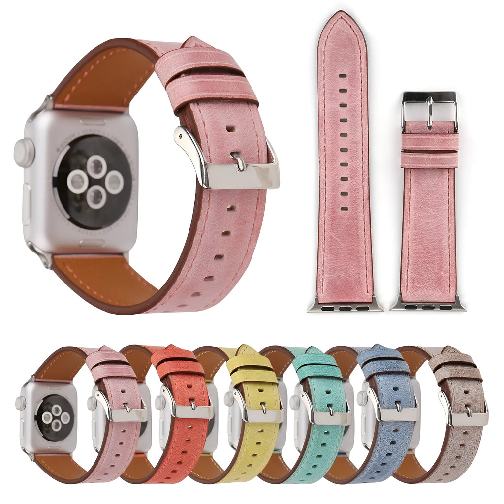 Genuine leather strap with folding buckle in multiple colours including blue, brown, and pink.