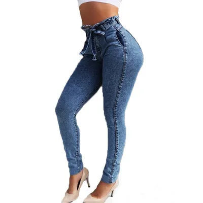 Women's fringed jeans with decorative frayed hems in dark blue, grey, and light blue colours
