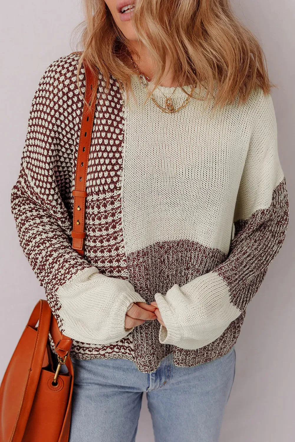 Dark khaki colour block women's long sleeve sweater with back tie detail and drop shoulders.