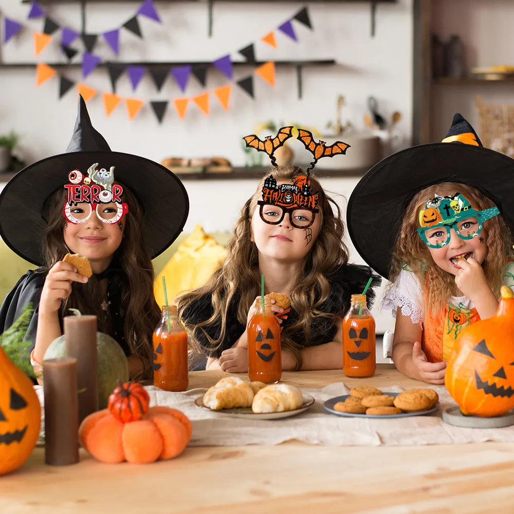 Halloween paper glasses in three styles, used as scene decoration and photo props