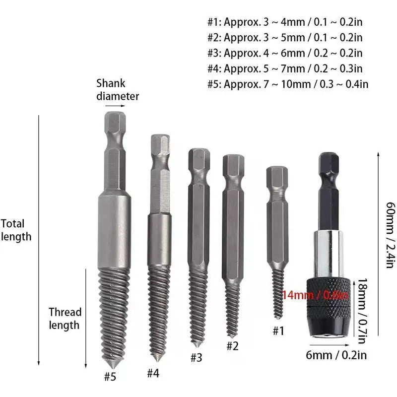 Silver household hexagonal handle screw extractor 12-piece set on a dark surface