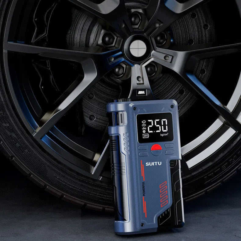 Portable ABS emergency jump starter and tyre inflator with battery clips and hose, showing dimensions 206mm x 110mm x 54mm