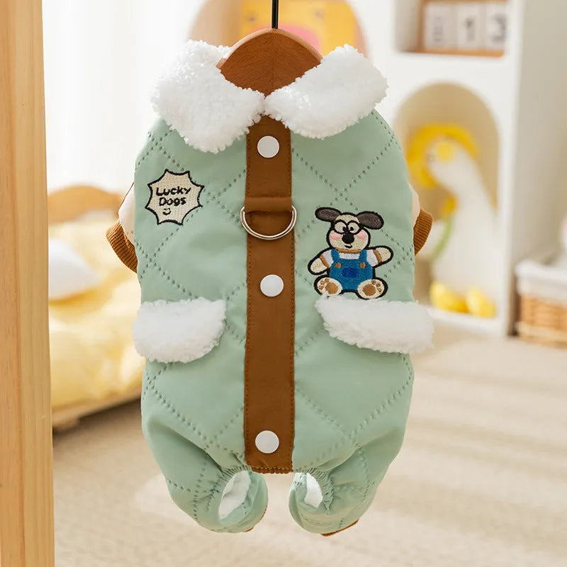 Warm thick Maillard pocket patch four-legged cotton coat for dogs in green, lying on a surface
