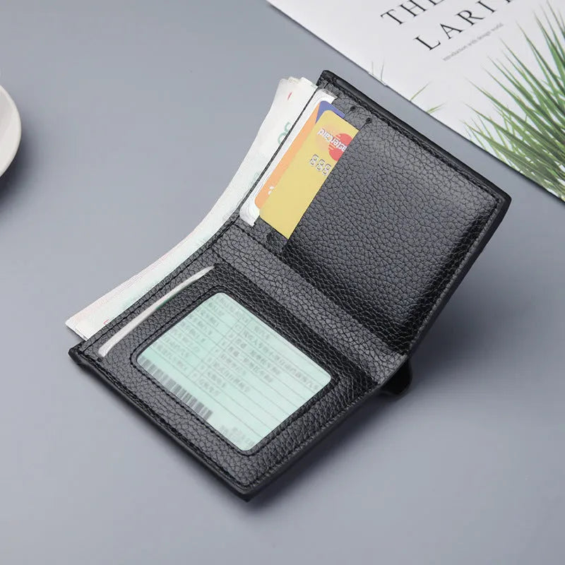 Men's vertical PU leather wallet in black with card slots and bill holder, open view