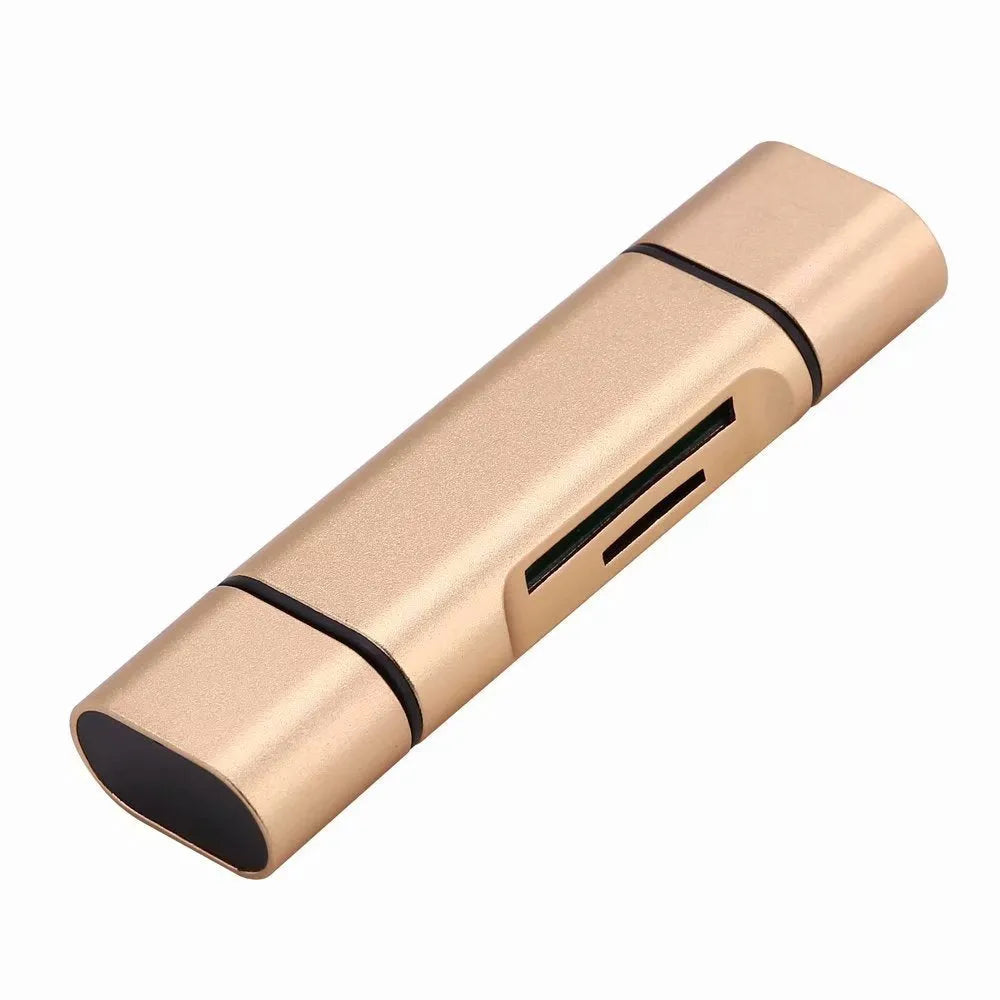 USB mobile phone card reader with triad Micro USB, Type-C, and USB plugs, aluminium alloy, golden or silvery, for TF and SD cards.