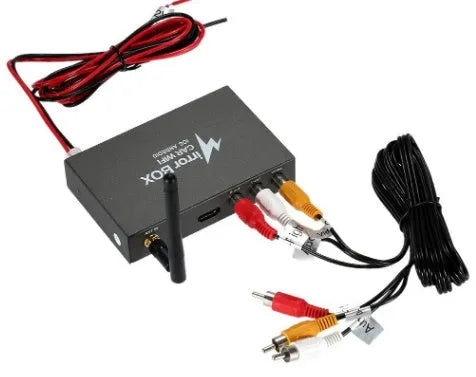 Black car mirror link box Wi-Fi converter with power cable, antenna, AV cable, and user manual for smartphone screen mirroring.