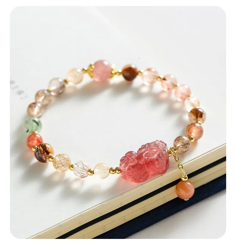 Strawberry Quartz crystal bracelet with Pixiu charm and pearl accents in dopamine colours
