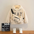 Child wearing a beige fleece hooded jacket with cartoon embroidery on the front.