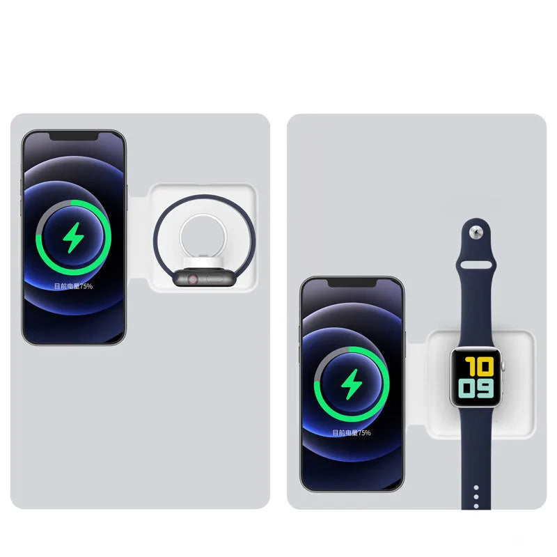 Folding dual wireless Magsafe magnetic charger in white for Apple iPhone Watch AirPods with Type-C input