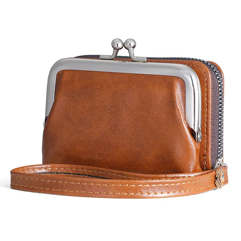 Ladies' black leather buckle coin purse with a 4-inch silver metal clip attached to a keyring.