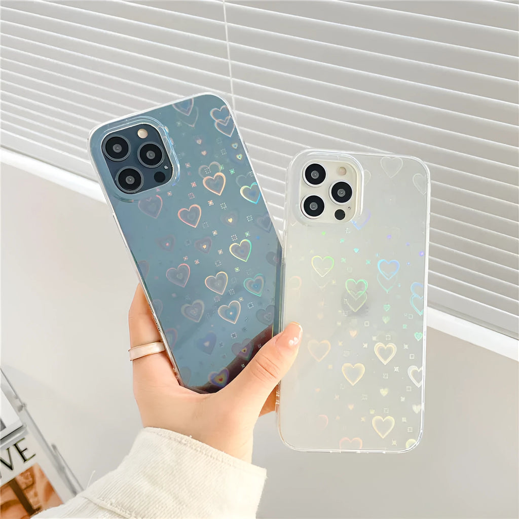 Clear silicone iPhone case with laser colourful love design, shown in butterfly and transparent colour options.