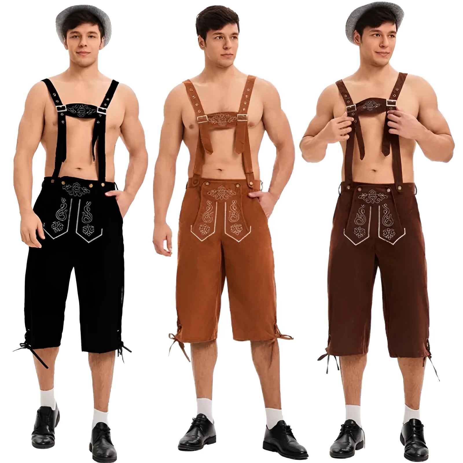 Polyester suspenders beer pants in three colours black brown and khaki for stage wear