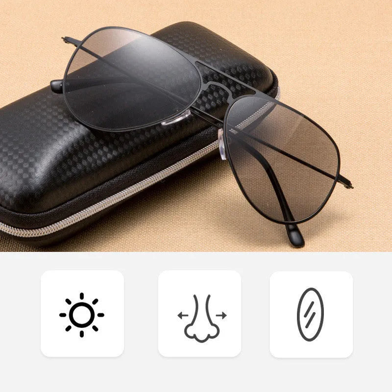 Black stainless steel full lens sun reading glasses with PC lens on display