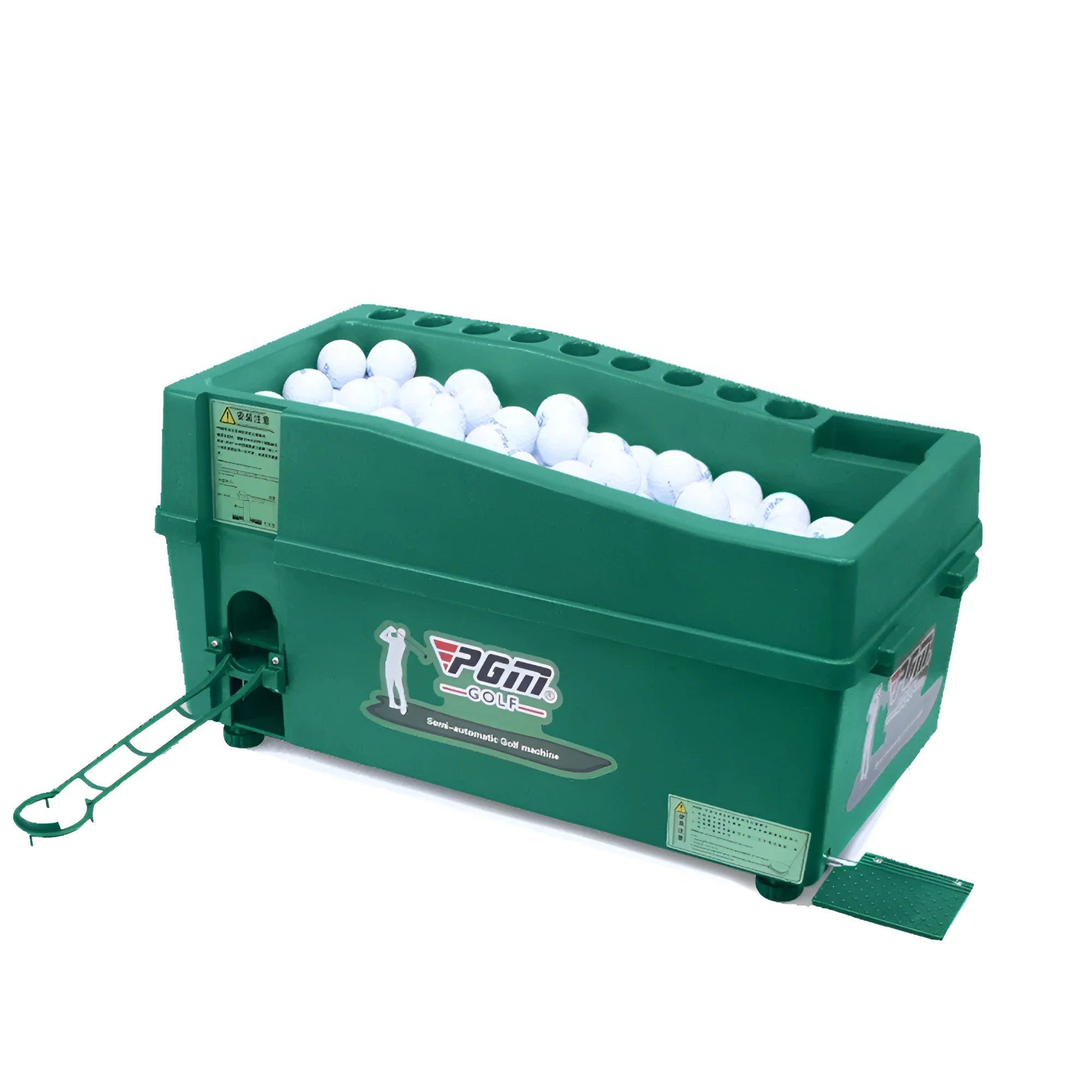 Semi-automatic golf ball machine with clubs holder in ABS plastic, measuring 62x32x32cm, on a practice mat