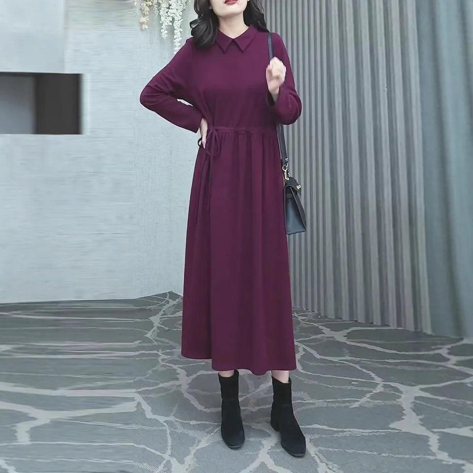 Purplish red plus size long sleeve dress with a long skirt for winter.
