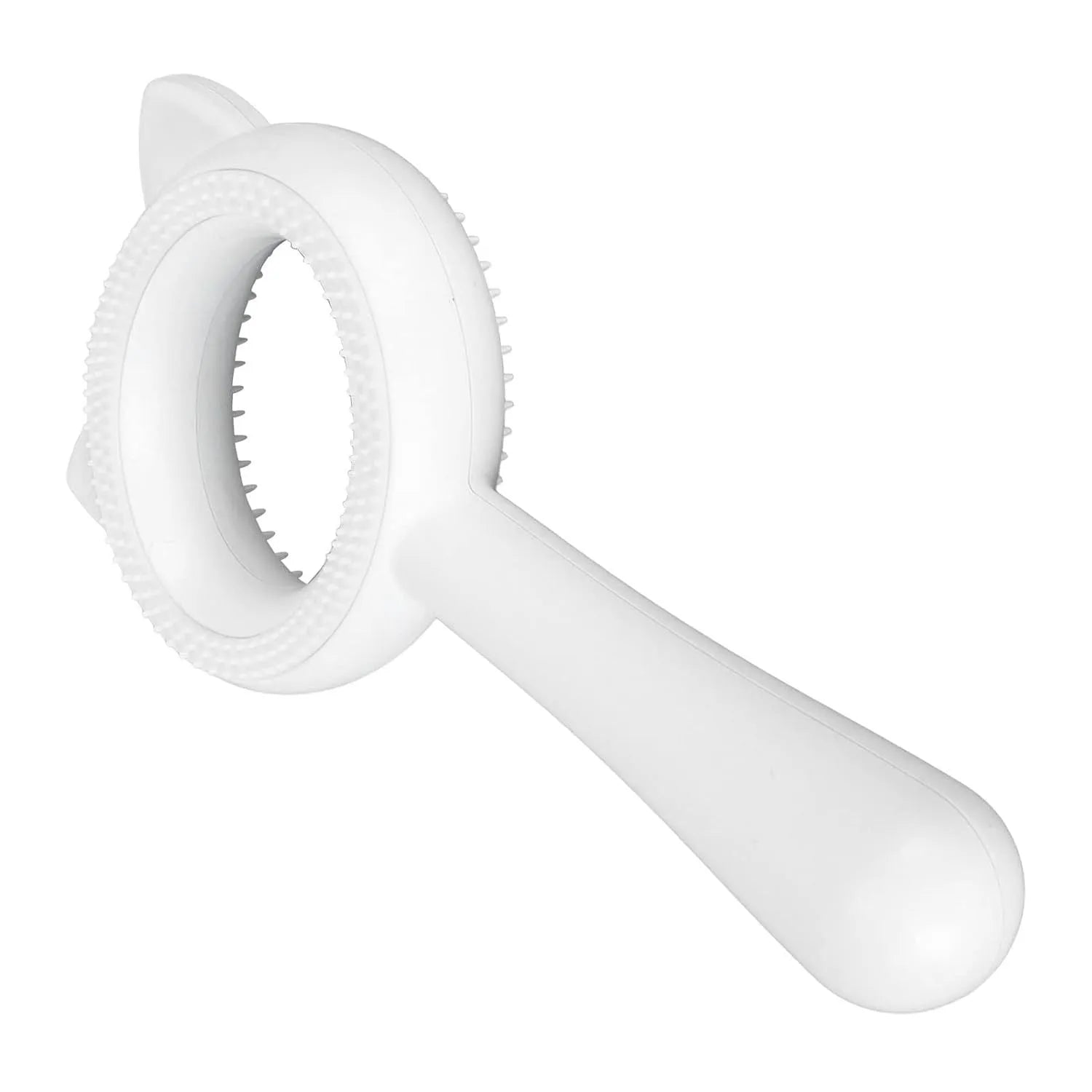 Blue and white double-sided pet grooming brush with deshedding teeth and massage comb