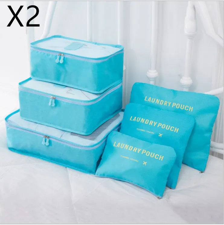 6 PCS travel storage bag set in polyester with handbag shape, multiple colour options for clothes and cosmetic organisation
