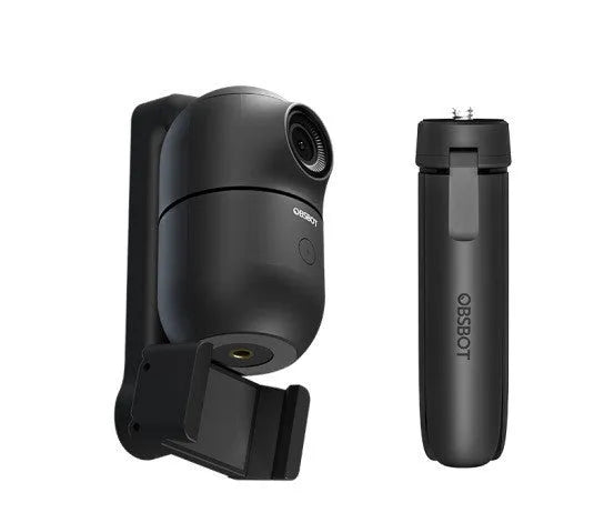 Black mobile phone bracket with face following and PTZ tripod, shown folded and unfolded with included accessories.