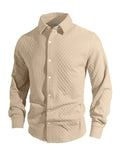 Men's knitted floral slim fit shirt with lapel collar, long sleeves and 3D patch pocket, available in seven colours.