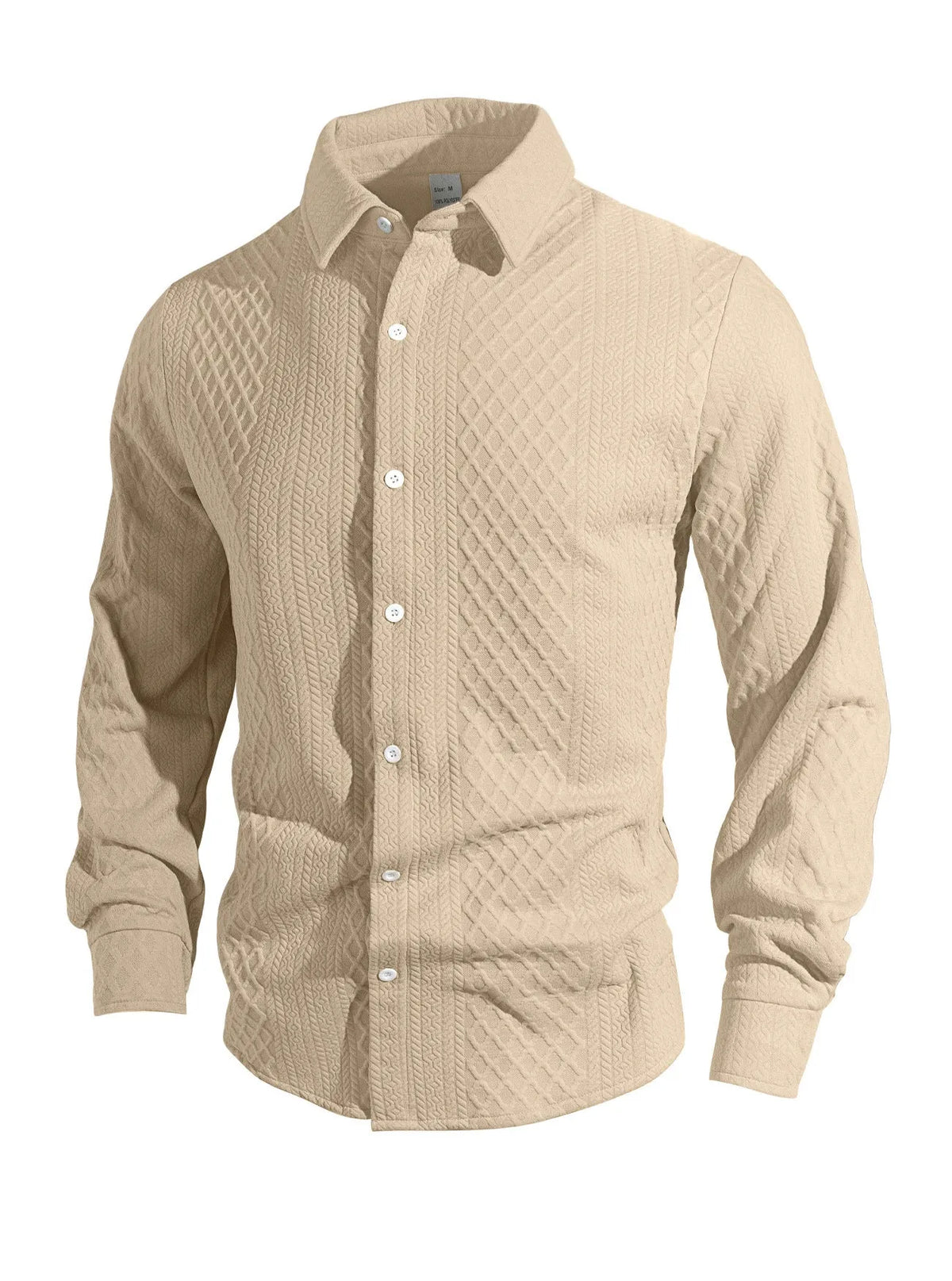 Men's knitted floral slim fit shirt with lapel collar, long sleeves and 3D patch pocket, available in seven colours.
