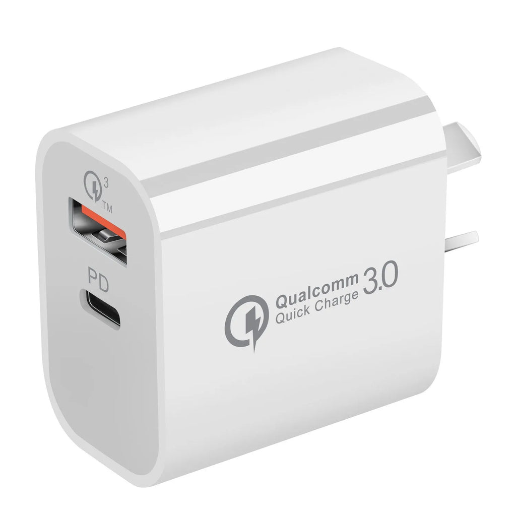 White Australian dual USB wall charger with Type-A and Type-C ports measuring 63x40x22mm