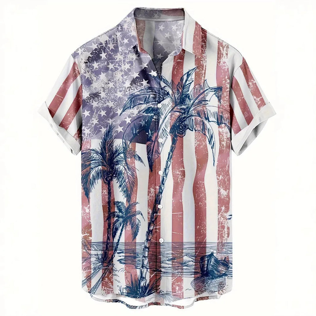 Men's 3D printed floral short sleeve shirt in loose cardigan style with elastic polyester fabric