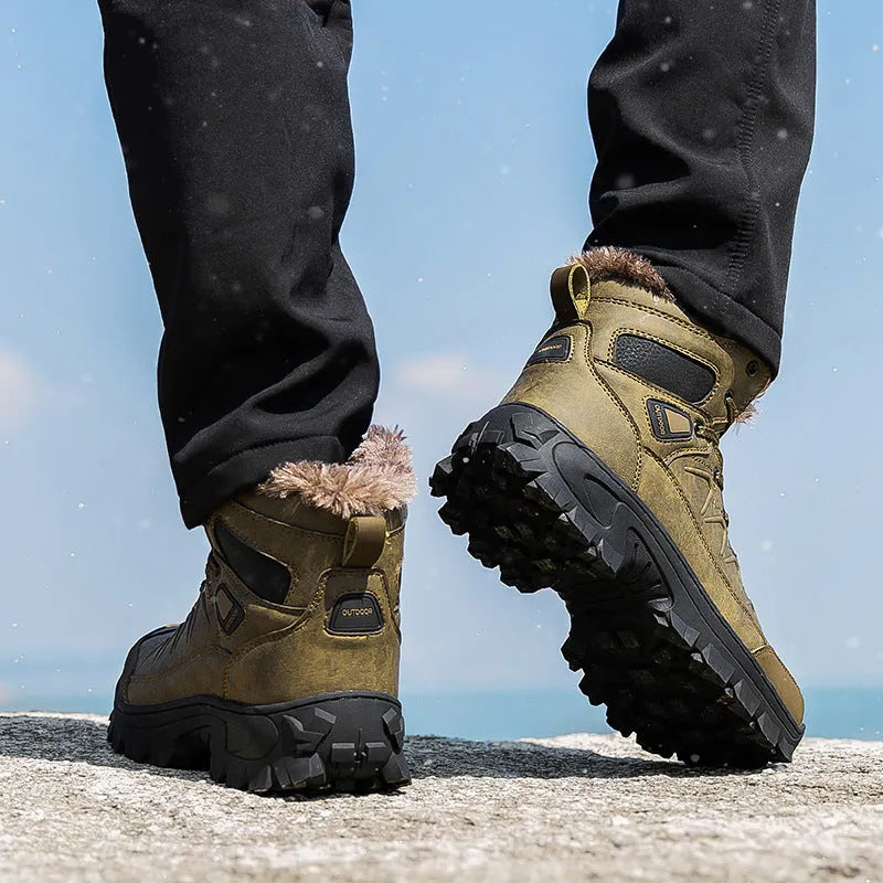 Men's plus size warm high top outdoor cotton shoes in black with rubber sole and wedge heel