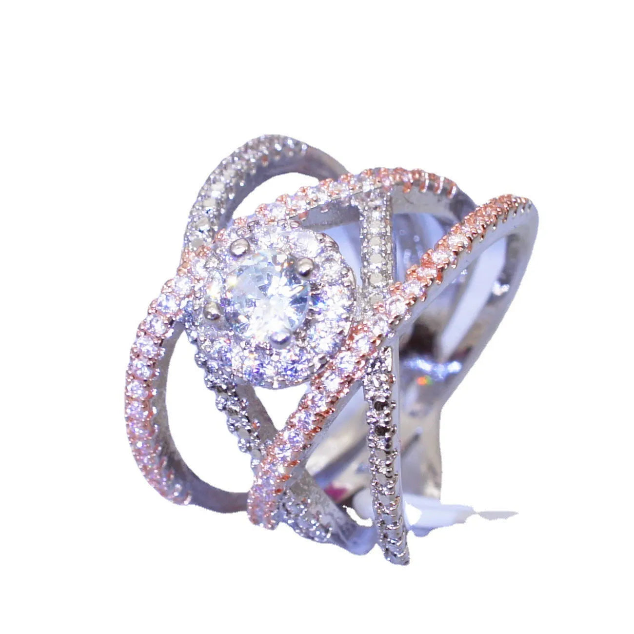 Women's geometric cross zircon engagement ring in copper with rose gold colour separation on display