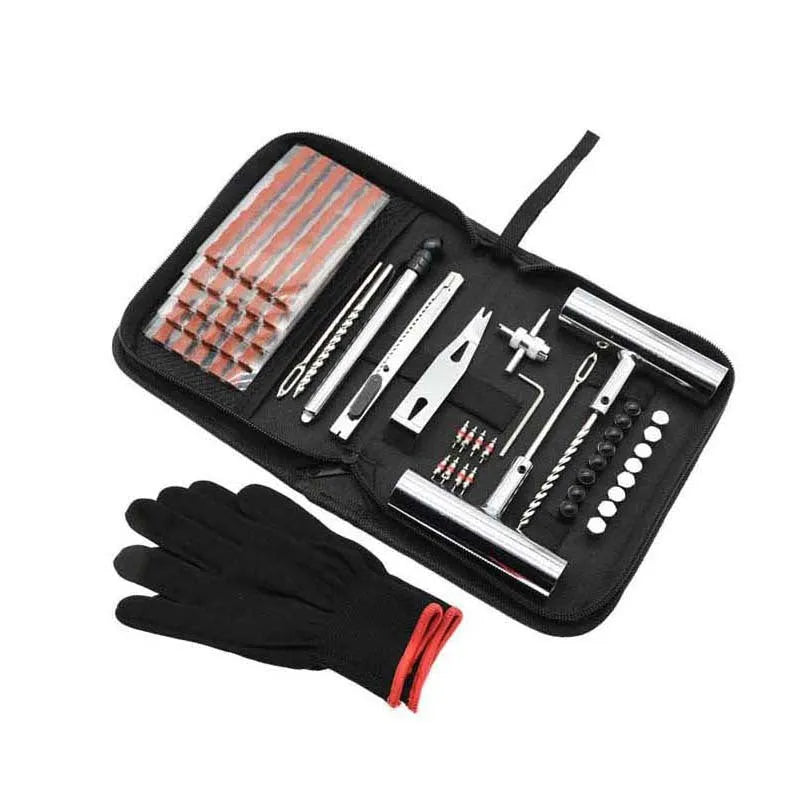 Tyre repair kit first aid set with 45 steel tools in cloth storage bag