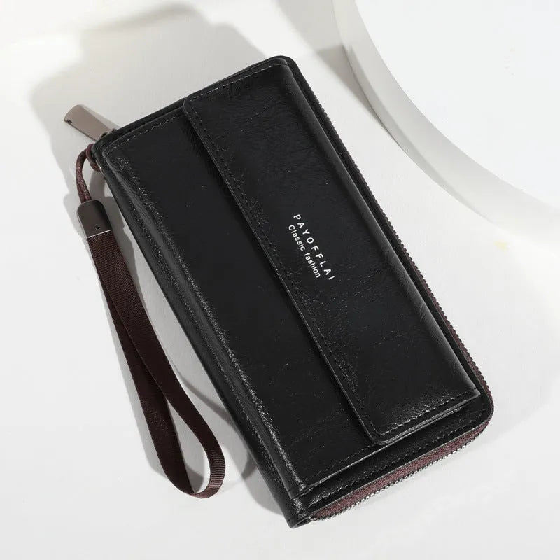 Men's casual long PU leather wallet showing multiple card slots, available in black, brown, and coffee colours
