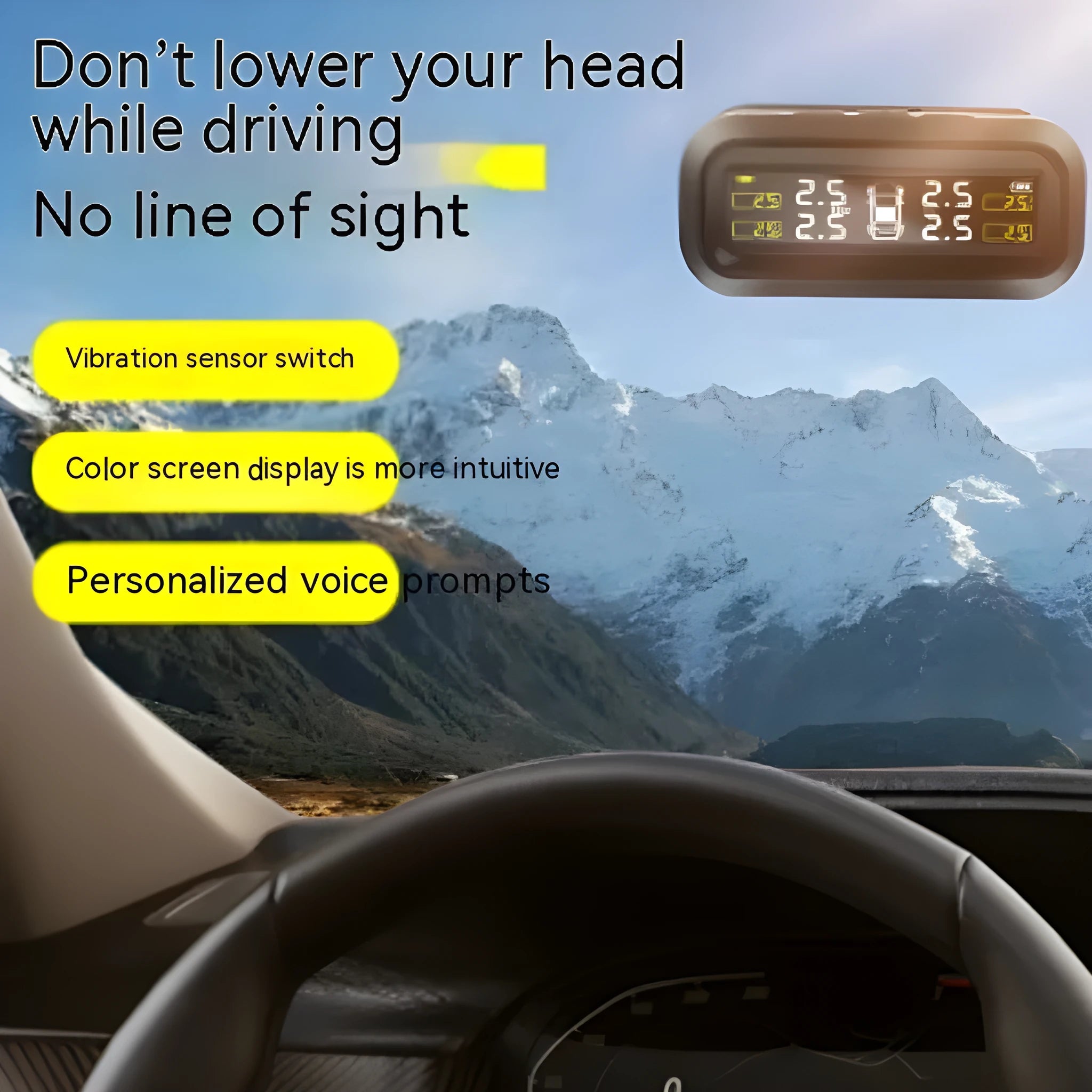 Wireless solar car tyre monitor with colour screen display and external sensors for tyre pressure and temperature monitoring