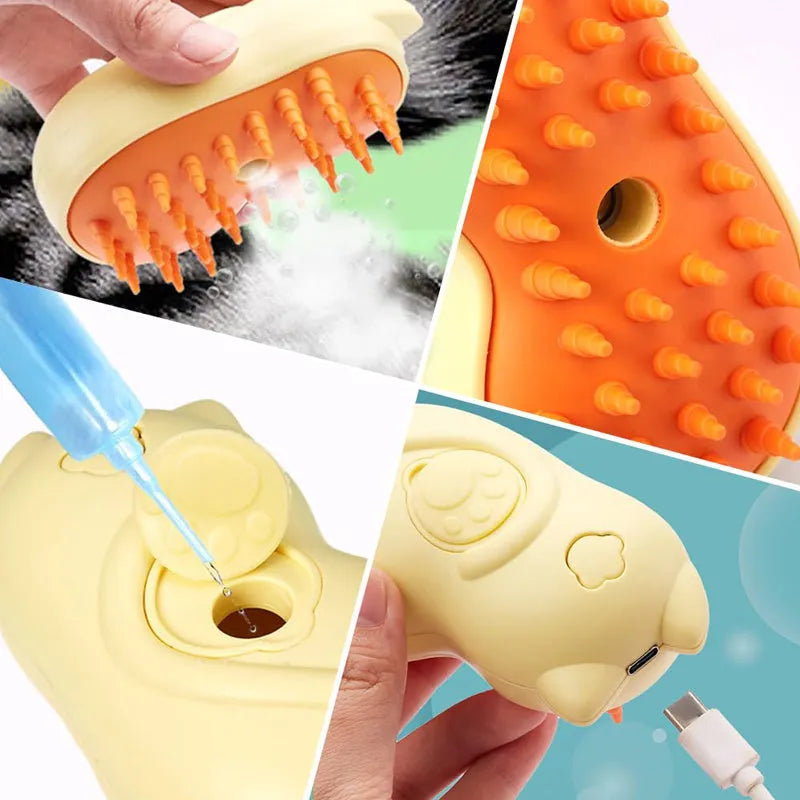 White and blue 3-in-1 steamy grooming brush for cats and dogs on a table.