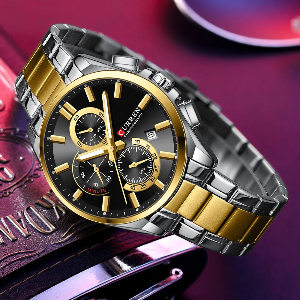 Men's steel strap watch with 4.4cm dial, alloy case, waterproof six-pin timing, and folding buckle