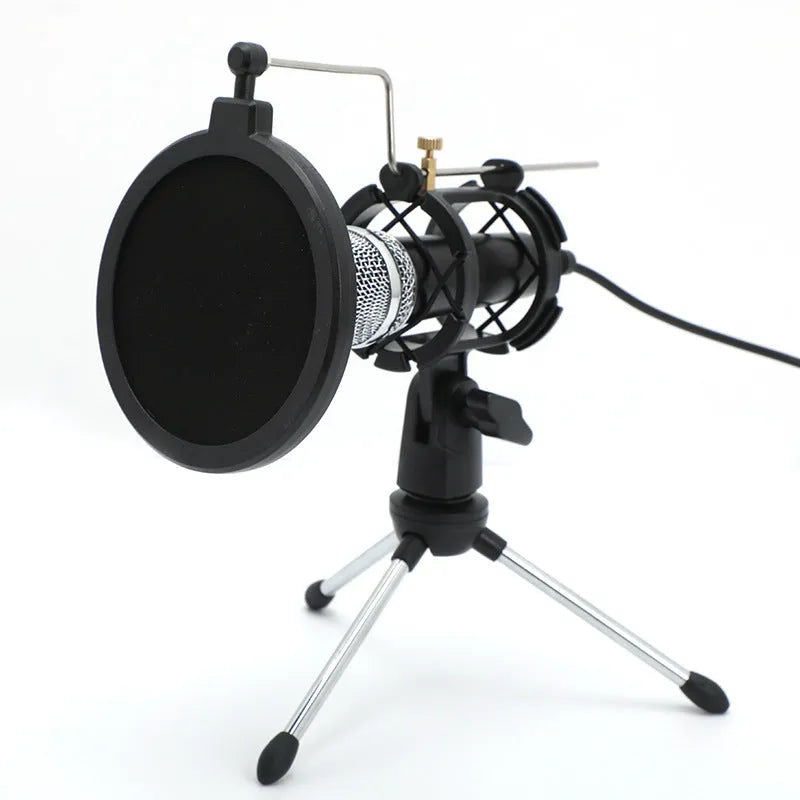 Black mini condenser microphone on an aluminium stand with 3.5mm and USB cables for computer or phone.