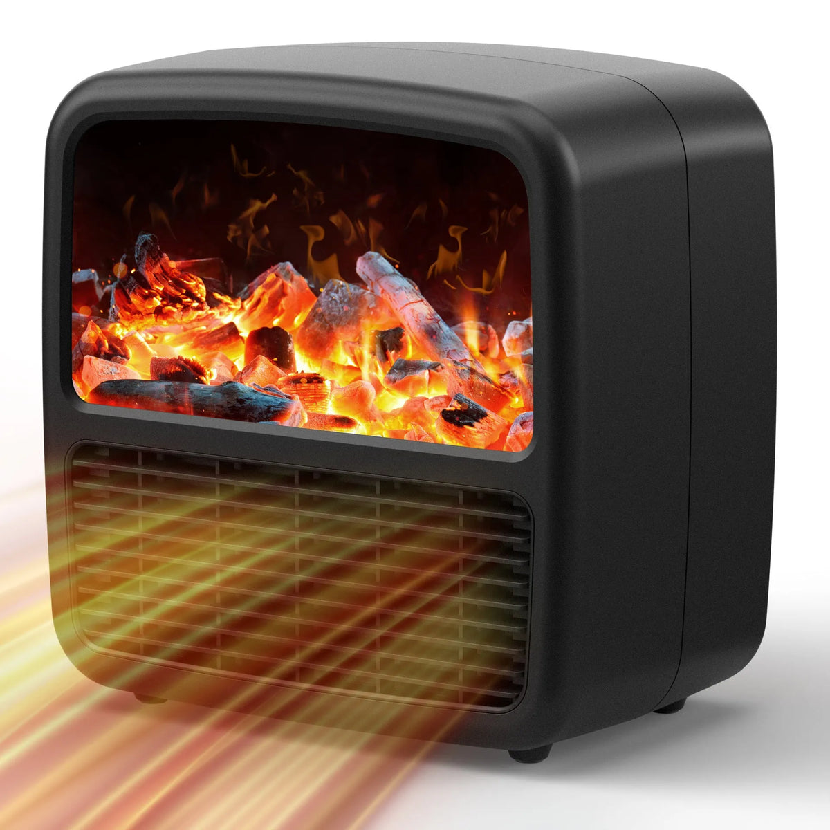 Black or white desktop electric space heater, 220x220x150mm, with ceramic heating, 1000-1500W power, and LED flame effect.