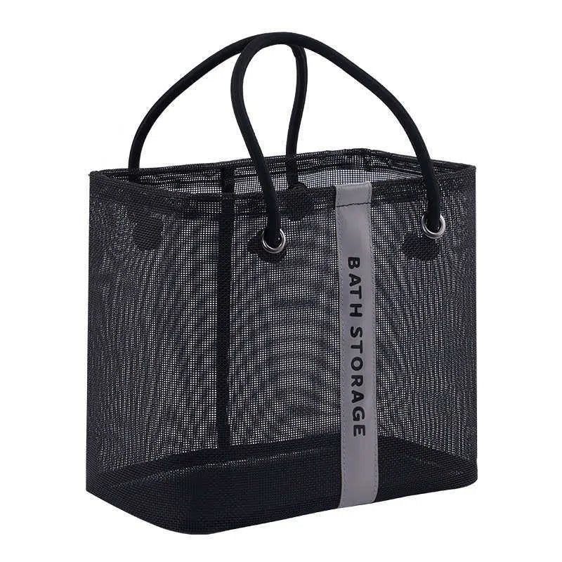 Foldable mesh grid storage bag in gray or black, short or long style, for travel toiletries and small items.