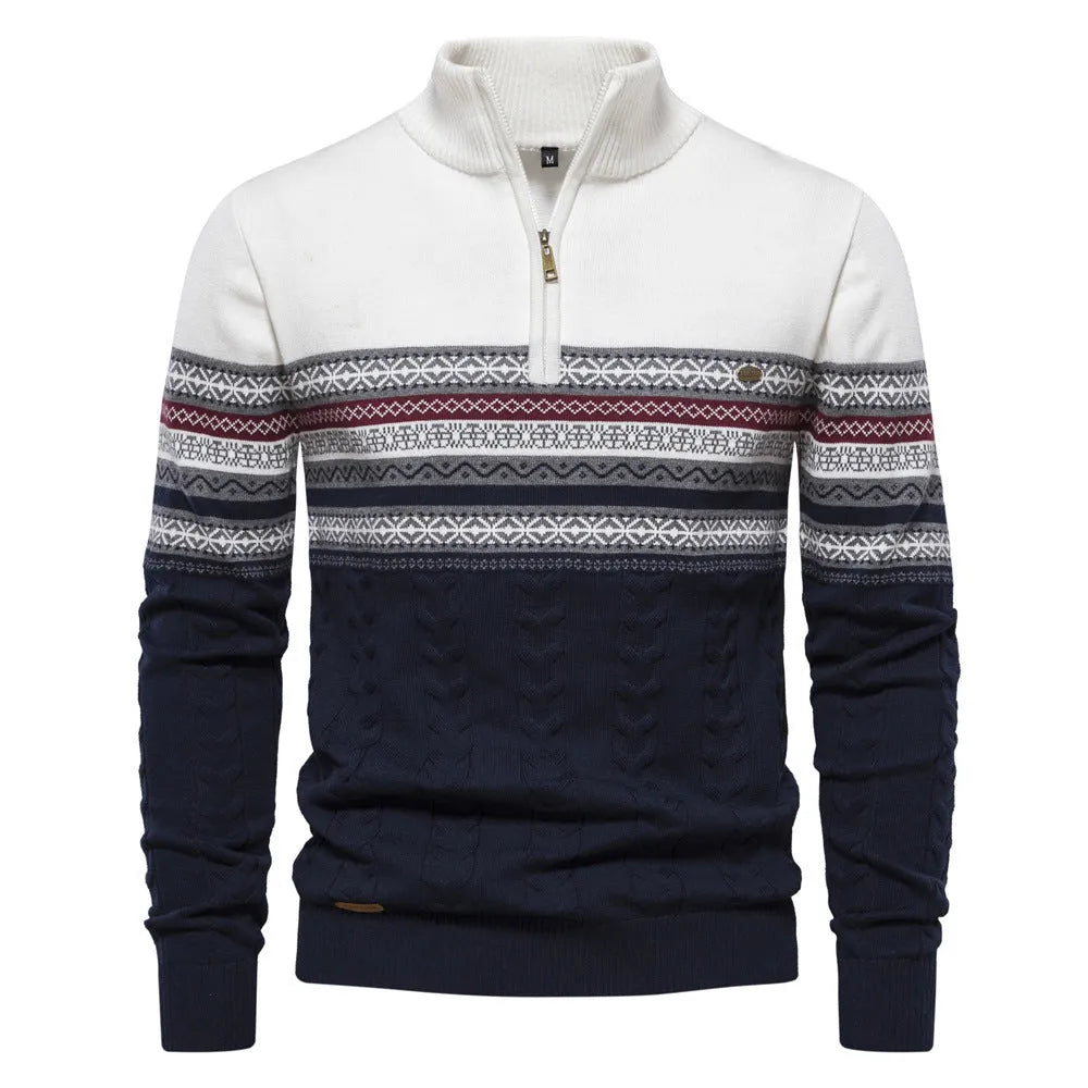 Men's half zip sweater with stand-up collar in cotton, shown in dark blue, khaki, dark grey, white, and denim blue.