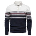 Men's half zip sweater with stand-up collar in cotton, shown in dark blue, khaki, dark grey, white, and denim blue.