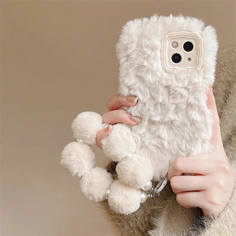 Plush flannel phone case with brown hollow bracket and chain lanyard for Huawei and iPhone