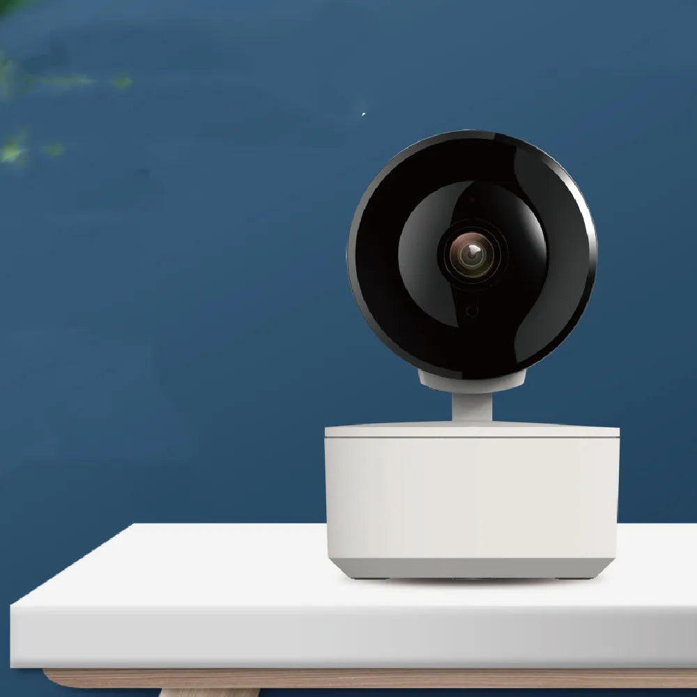 Indoor smart WiFi security camera with pan-tilt mechanism showing measurement scale