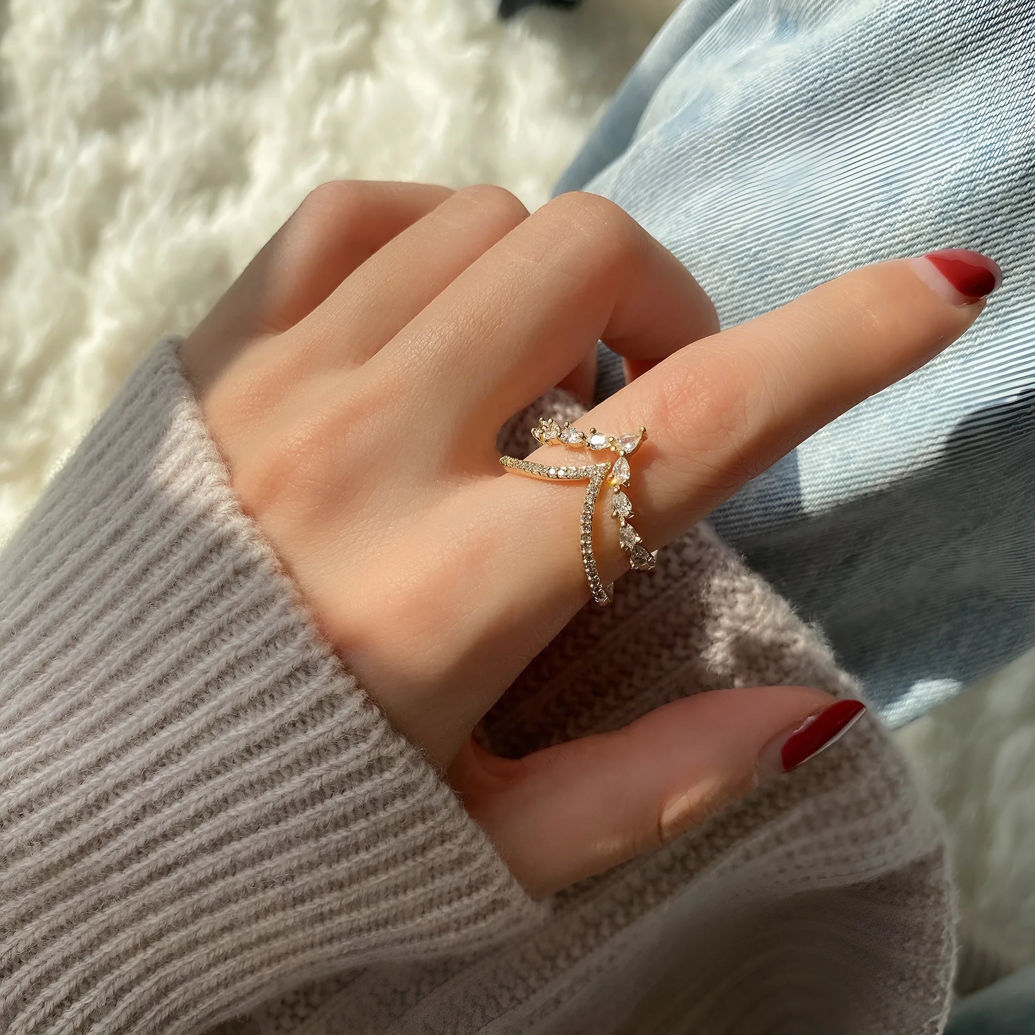 Heart-shaped full diamond ring with adjustable opening double-layer light luxury gold copper finish