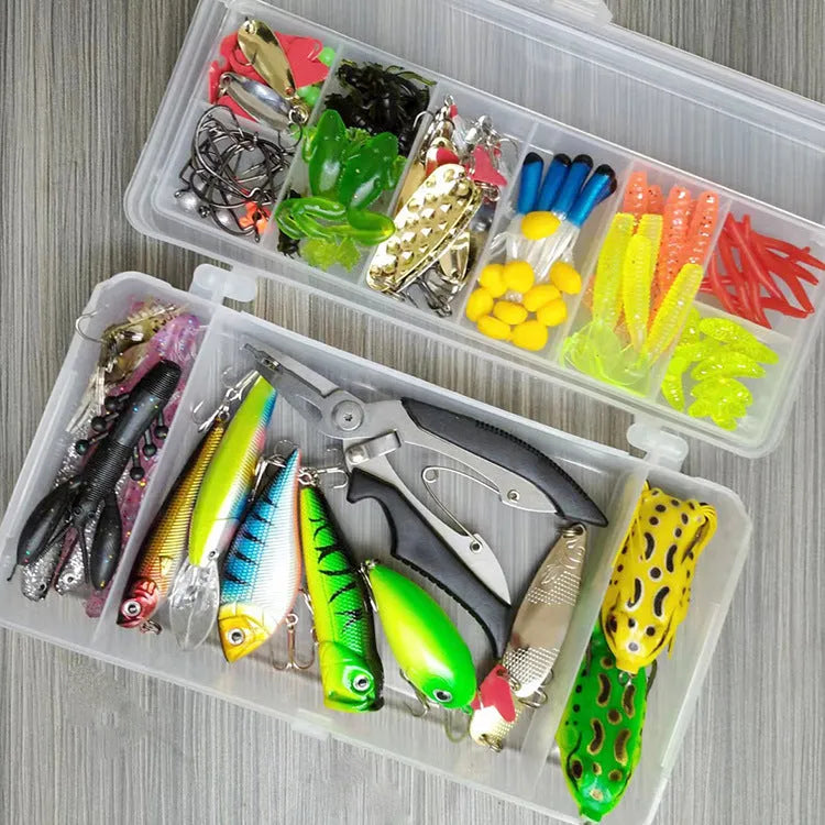 142-piece fishing lure set showing hard mino swimbaits with sequins, metal pliers, and assorted plastic lures.