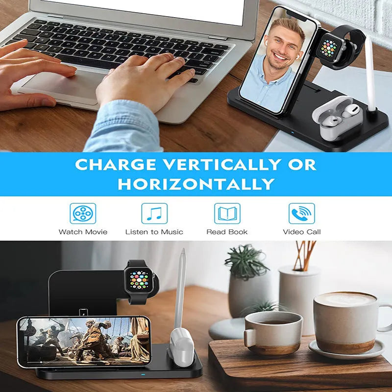 Black four-in-one wireless charging station with QC3.0 fast charging head for multiple mobile phones