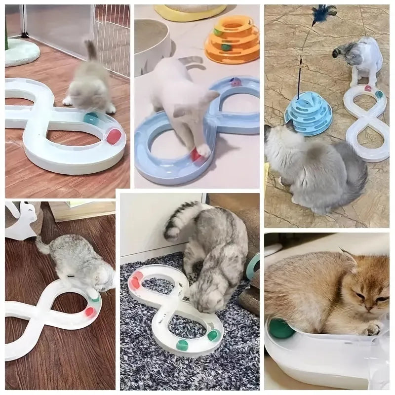Blue and white cat toy set with turntable track, teasing stick, and four balls.