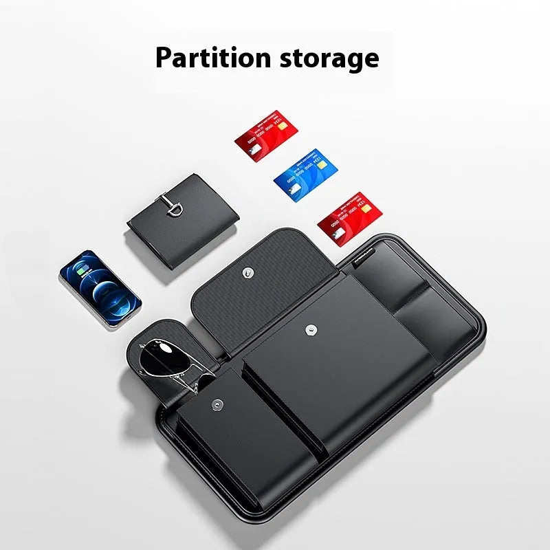 Black PVC automotive sun louver storage clamp with glasses, measuring 32cm by 3.5cm by 16cm