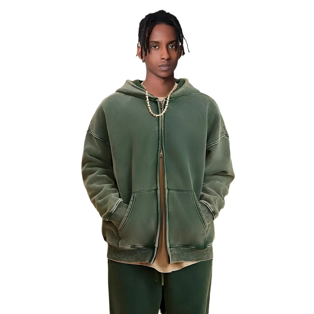 Men's vintage-style hooded cardigan sweater in cotton with a fleece lining and double zipper.