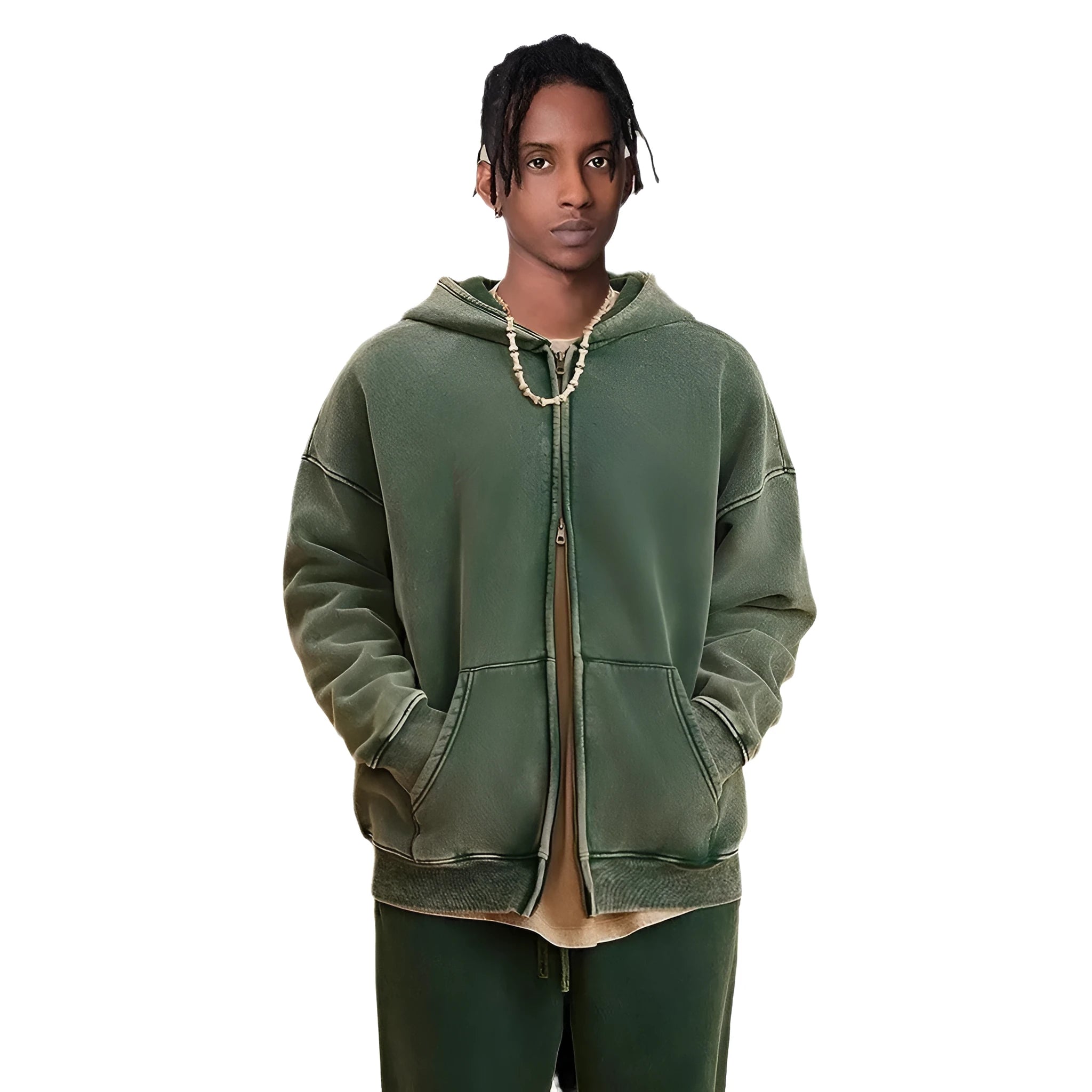 Men's vintage-style hooded cardigan sweater in cotton with a fleece lining and double zipper.