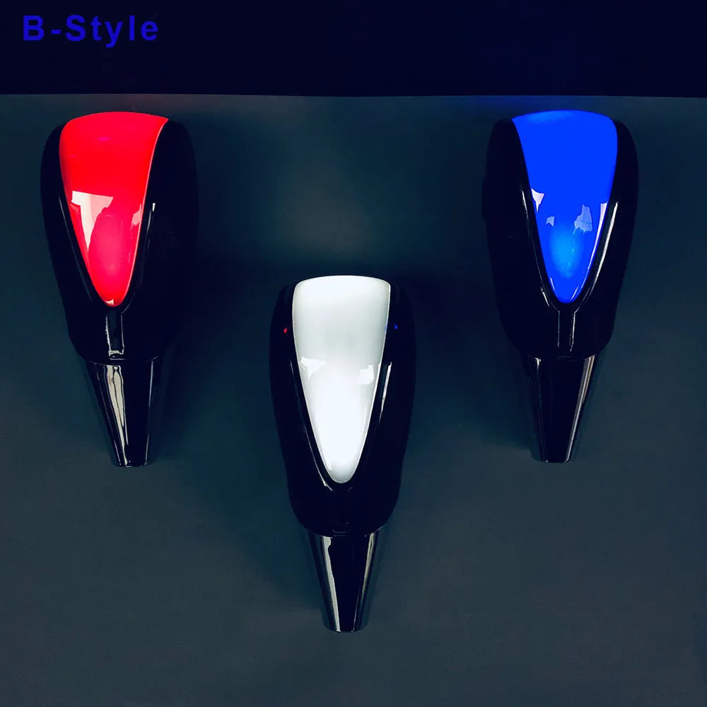 Car shift lever modification accessory with LED light head in edge light style showing blue illumination