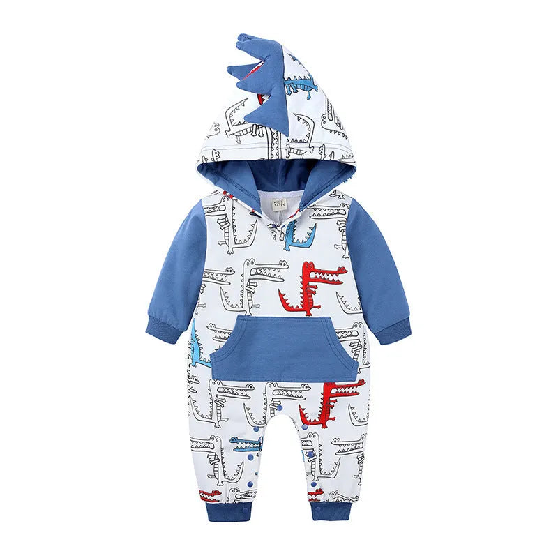 Dinosaur baby bodysuit long sleeve hooded cotton romper in grey, blue, or pink, sizes 66-90 yards